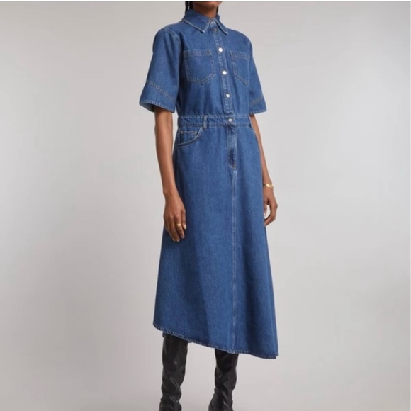 ALIGNE Mateo Short Sleeve Asymmetric Denim Midi Shirt Dress 12 Anthropologie - Picture 3 of 15